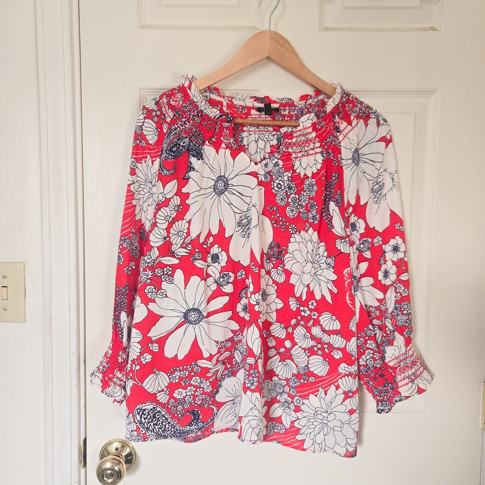 Red White Floral Print Smocked Neck Peasant Blouse